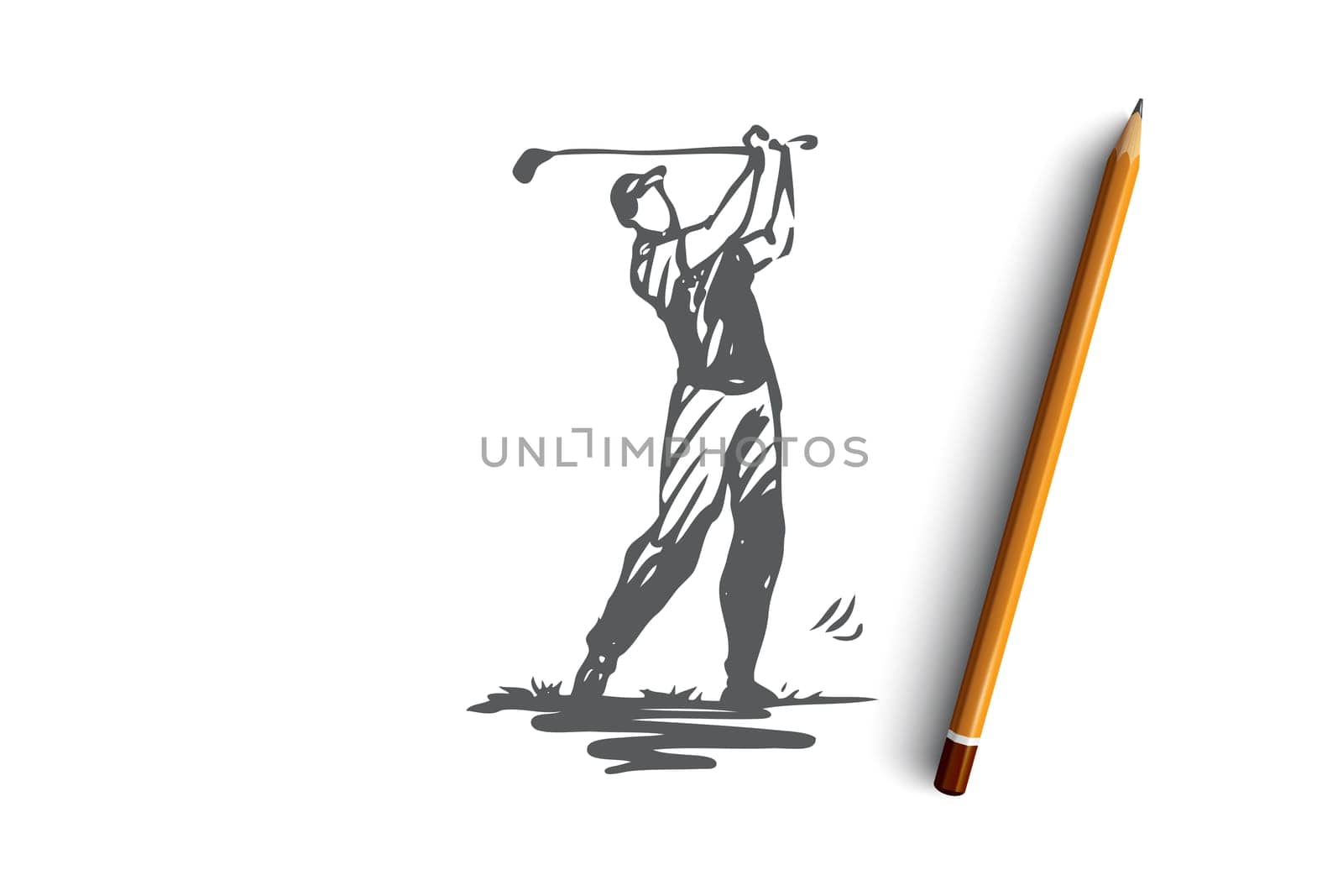 Golf, golfing, play, game, equipment concept. Hand drawn golf player with professional equipment concept sketch. Isolated vector illustration.