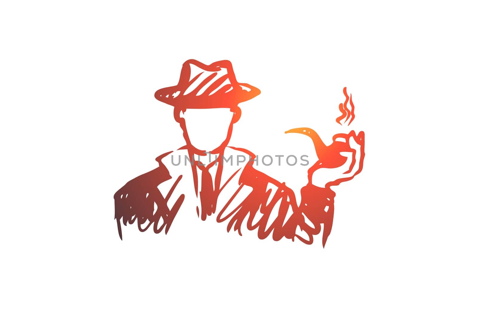 Investigate, magnifier, search, man, detective concept. Hand drawn detective man with tobacco pipe concept sketch. Isolated vector illustration.