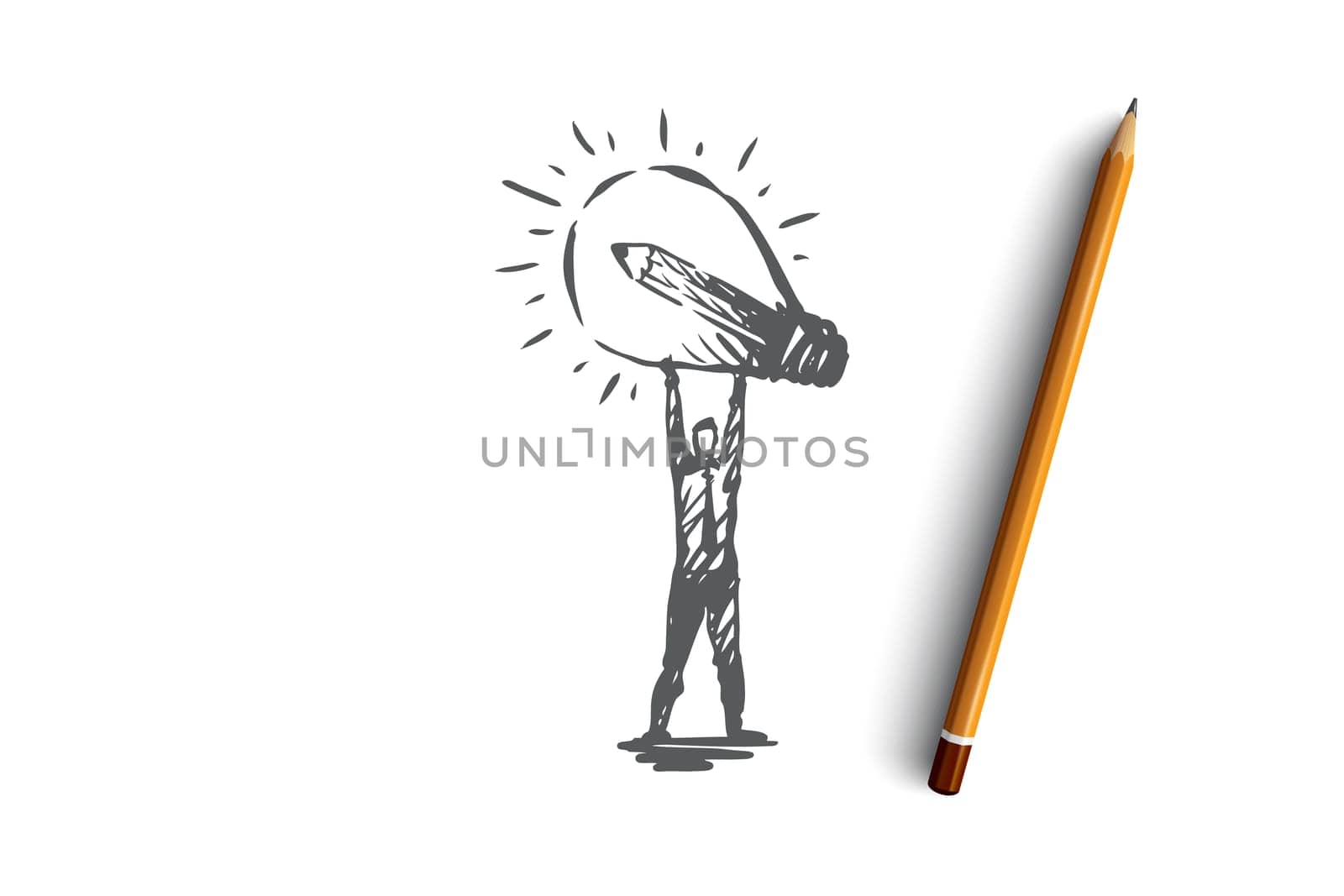 Idea, creative, lamp, business, innovation concept. Hand drawn man with lightning bulb in hands concept sketch. Isolated vector illustration.