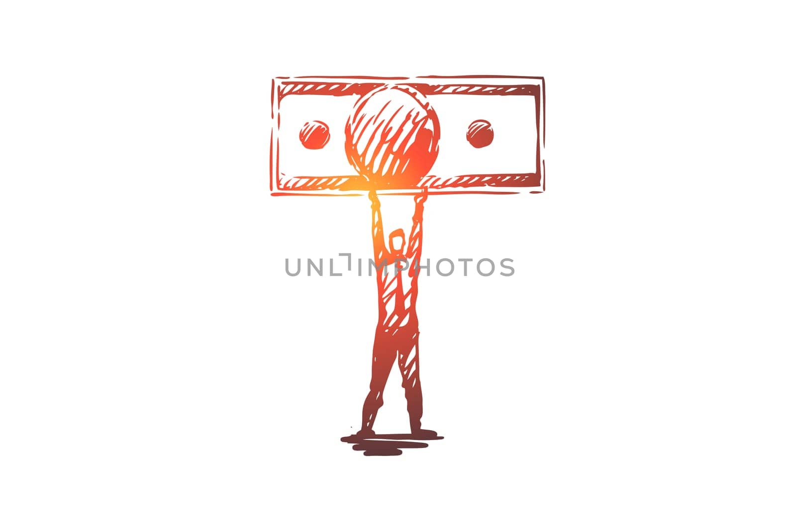 Income, investment, money, financial concept. Hand drawn person with cash in hands concept sketch. Isolated vector illustration.