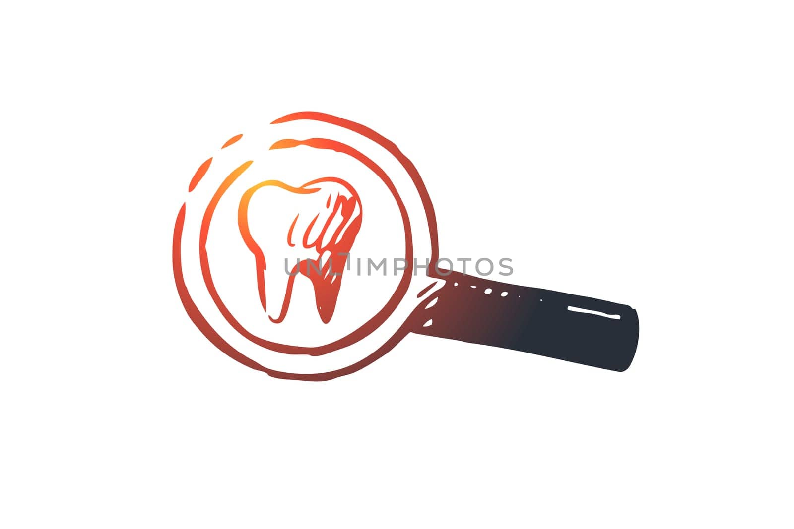 Inspect, teeth, dentist, care, clean concept. Hand drawn tooth under magnifying glass concept sketch. Isolated vector illustration.