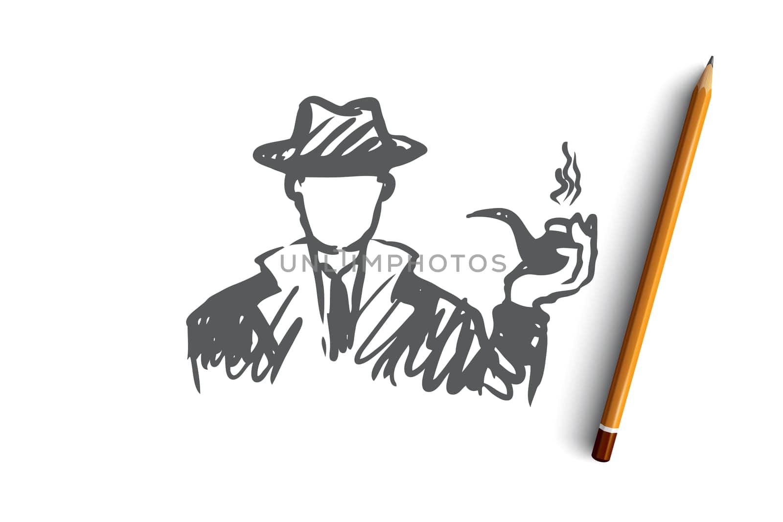 Investigate, magnifier, search, man, detective concept. Hand drawn detective man with tobacco pipe concept sketch. Isolated vector illustration.