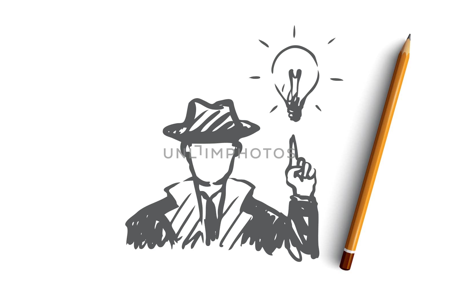 Idea, man, creative, solution concept. Hand drawn man in suit has an idea concept sketch. Isolated vector illustration.