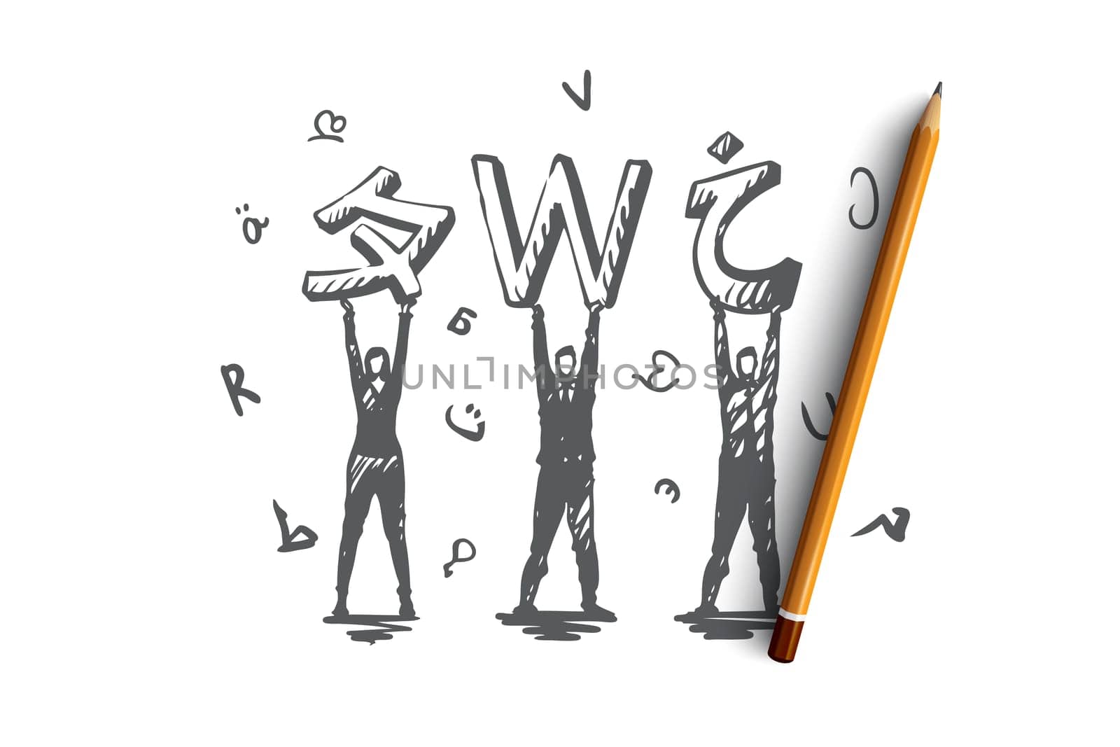 Language, courses, English, studying, class concept. Hand drawn different languages and people with letters concept sketch. Isolated vector illustration.