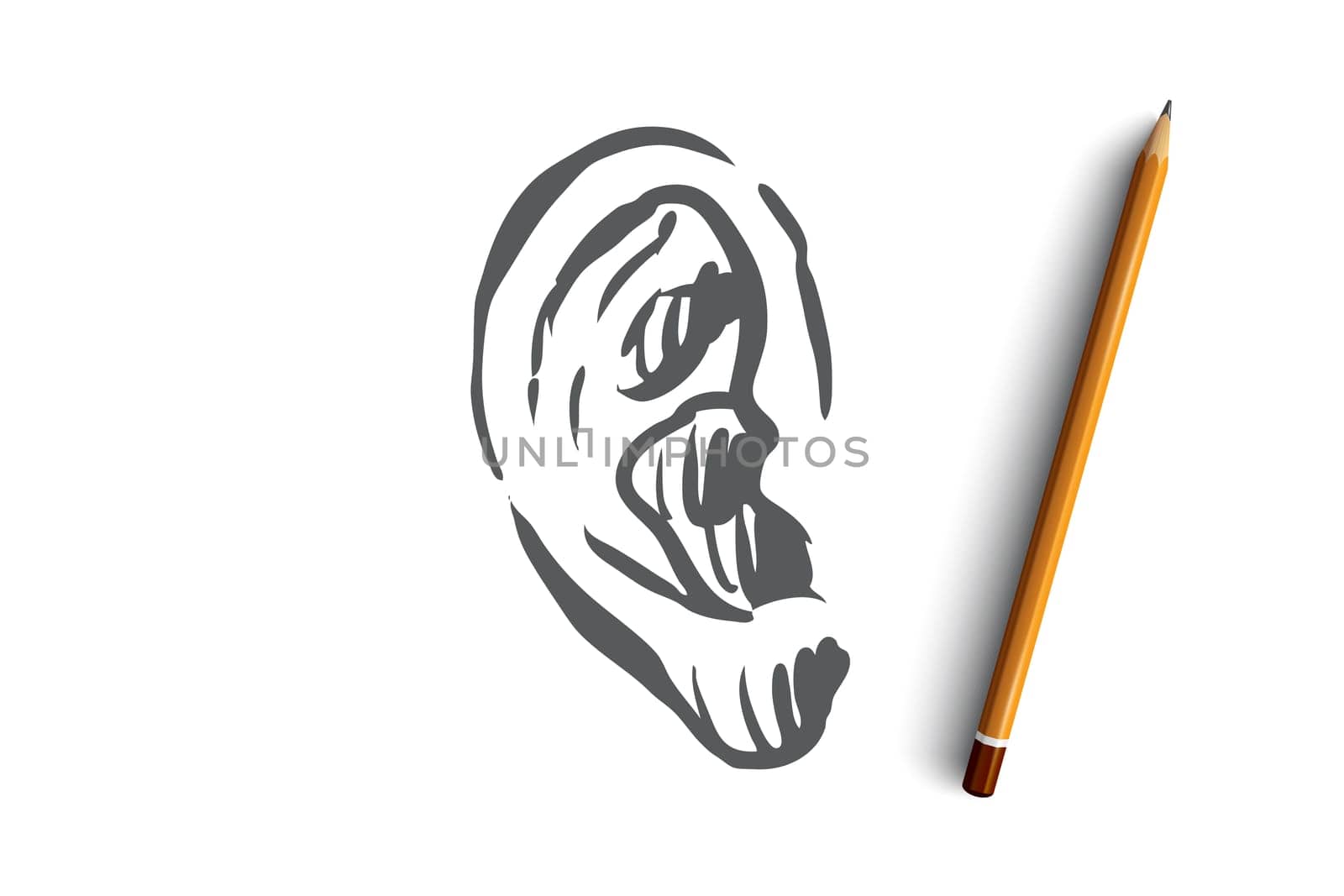 Hearing, listen, ear, deaf, care, medicine concept. Hand drawn human ear, symbol of hearing concept sketch. Isolated vector illustration.