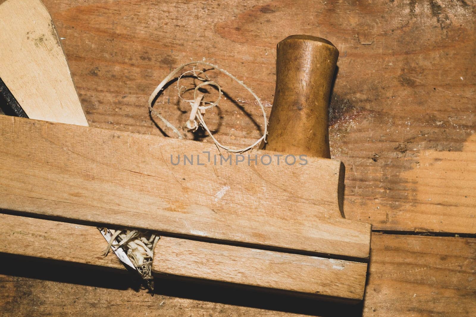 Carpentry plane. jointer close up. woodworking and crafting tools. carpentry hand tools. working instrument