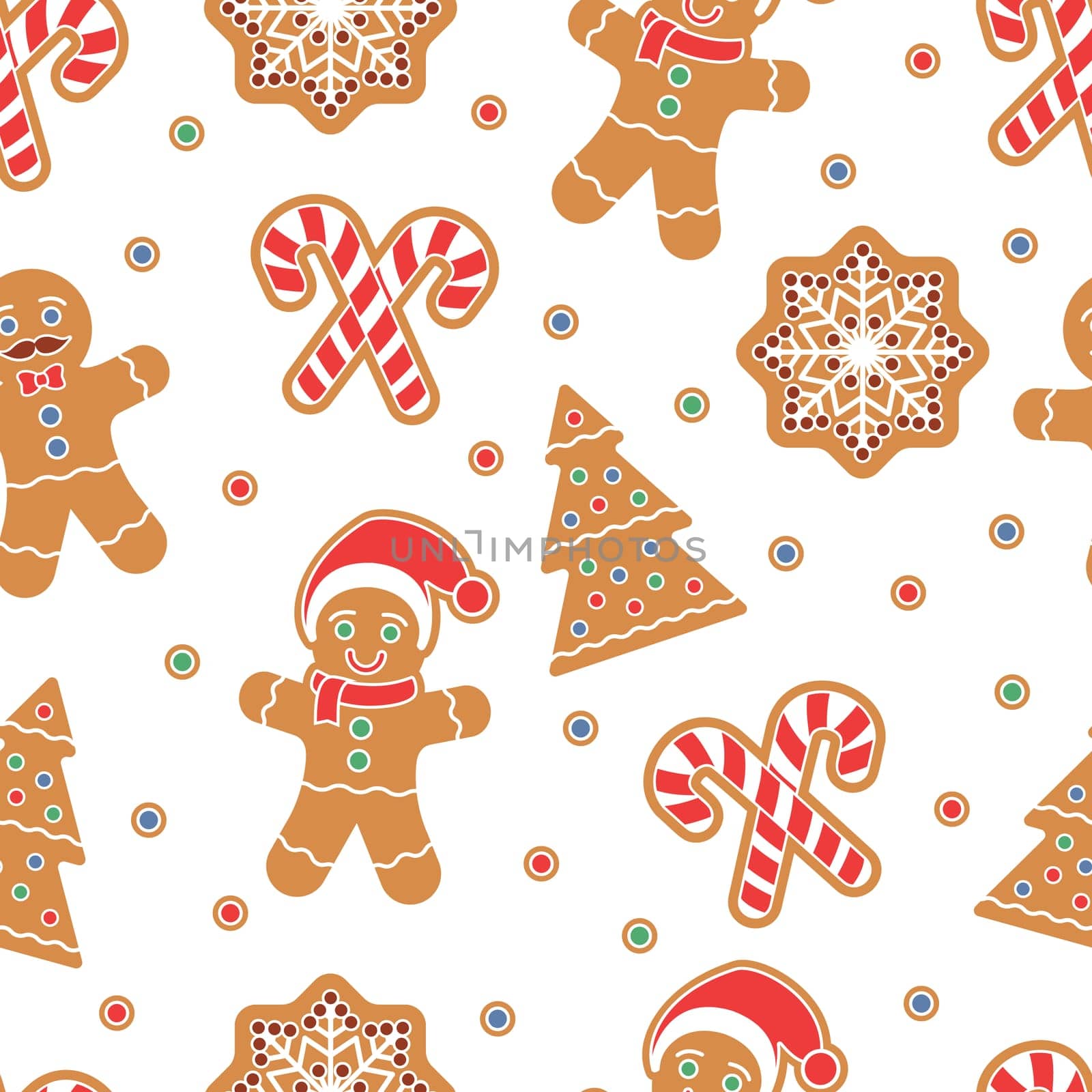 Christmas seamless pattern. Gingerbread man cookies. Snow flake, Christmas Tree, candy cane. Graphic design element for packaging paper, prints, scrapbooking. Holiday themed design