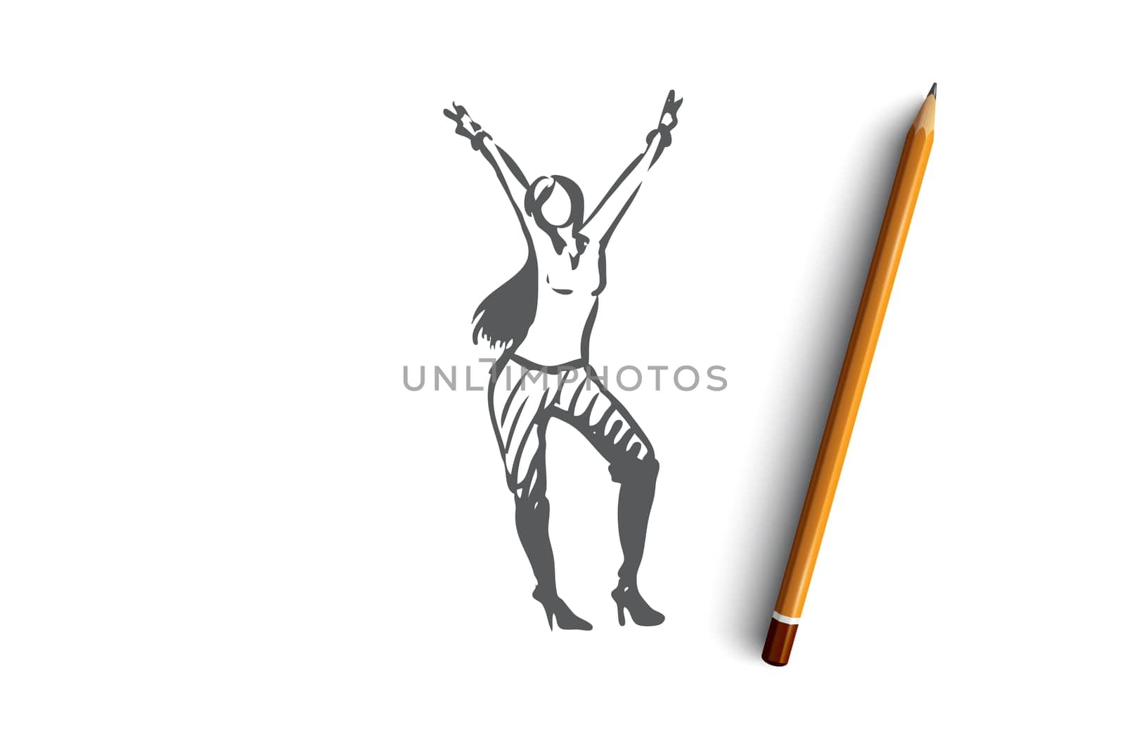 Dancing, people, woman, party, fun concept. Hand drawn attractive woman dancing concept sketch. Isolated vector illustration.
