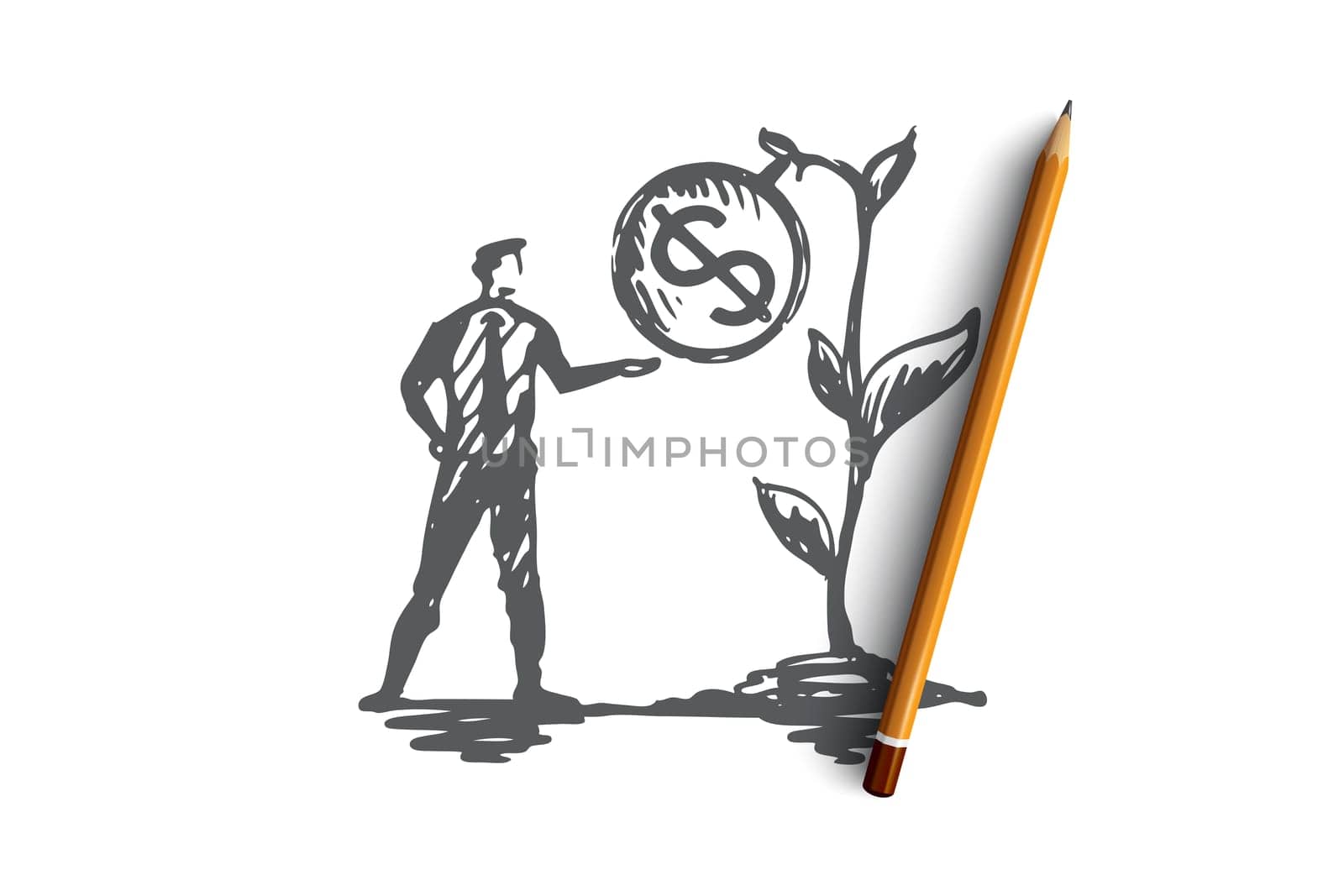 Results, money, plant, profit, income concept. Hand drawn businessman and growing income concept sketch. Isolated vector illustration.