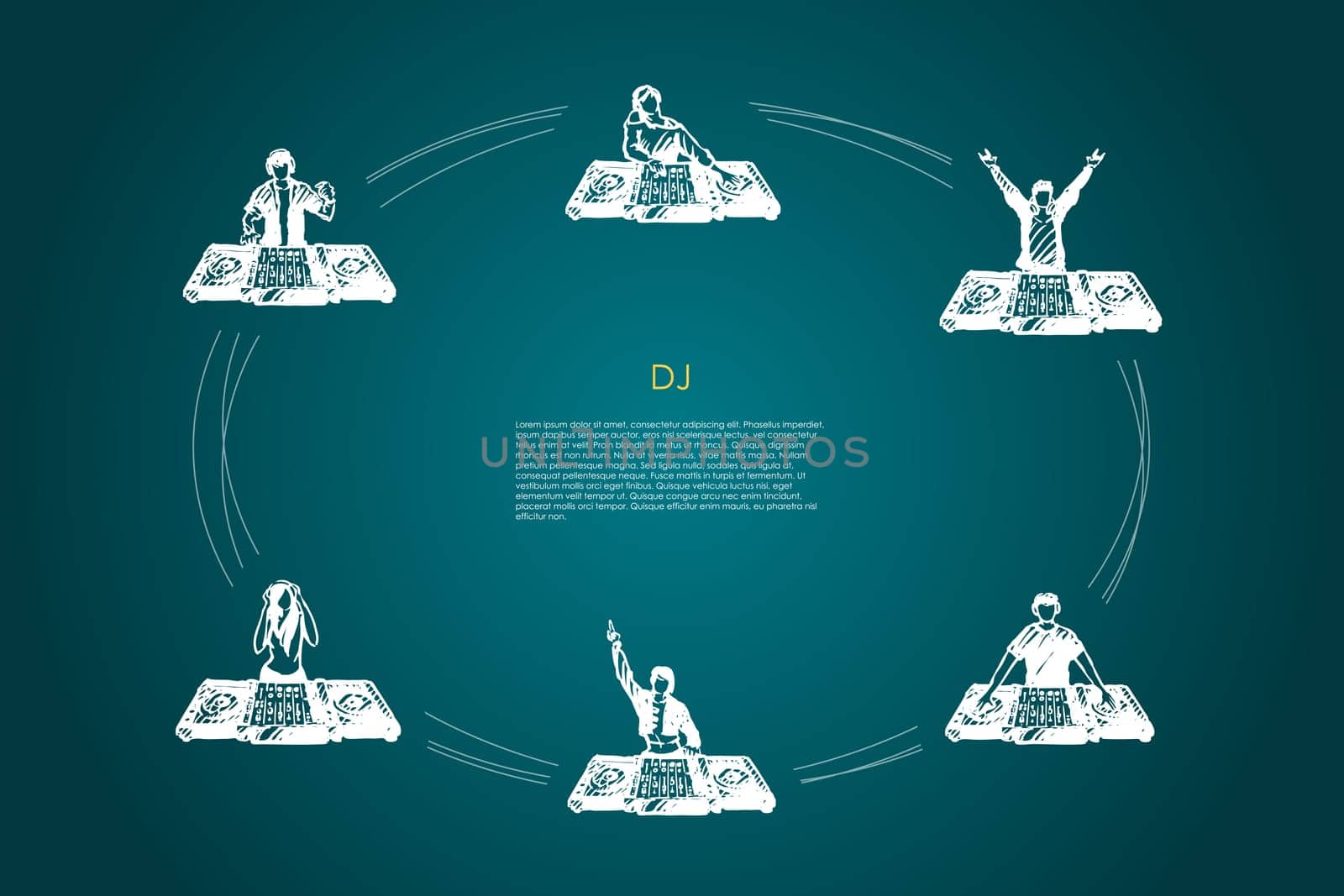 DJ - men and women DJs in headphones playing music vector concept set. Hand drawn sketch isolated illustration