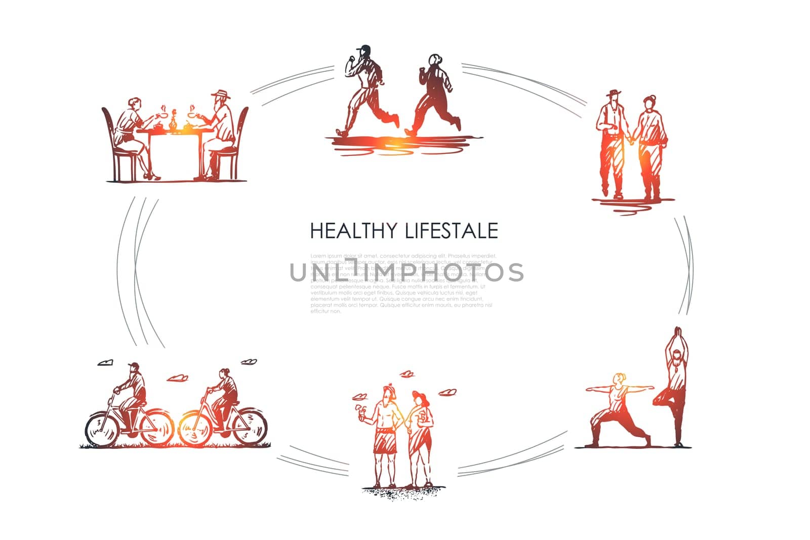 Healthy lifestyle - people jogging, walking, doing yoga, sunbathing, riding bicycles and drinking tea vector concept set. Hand drawn sketch isolated illustration