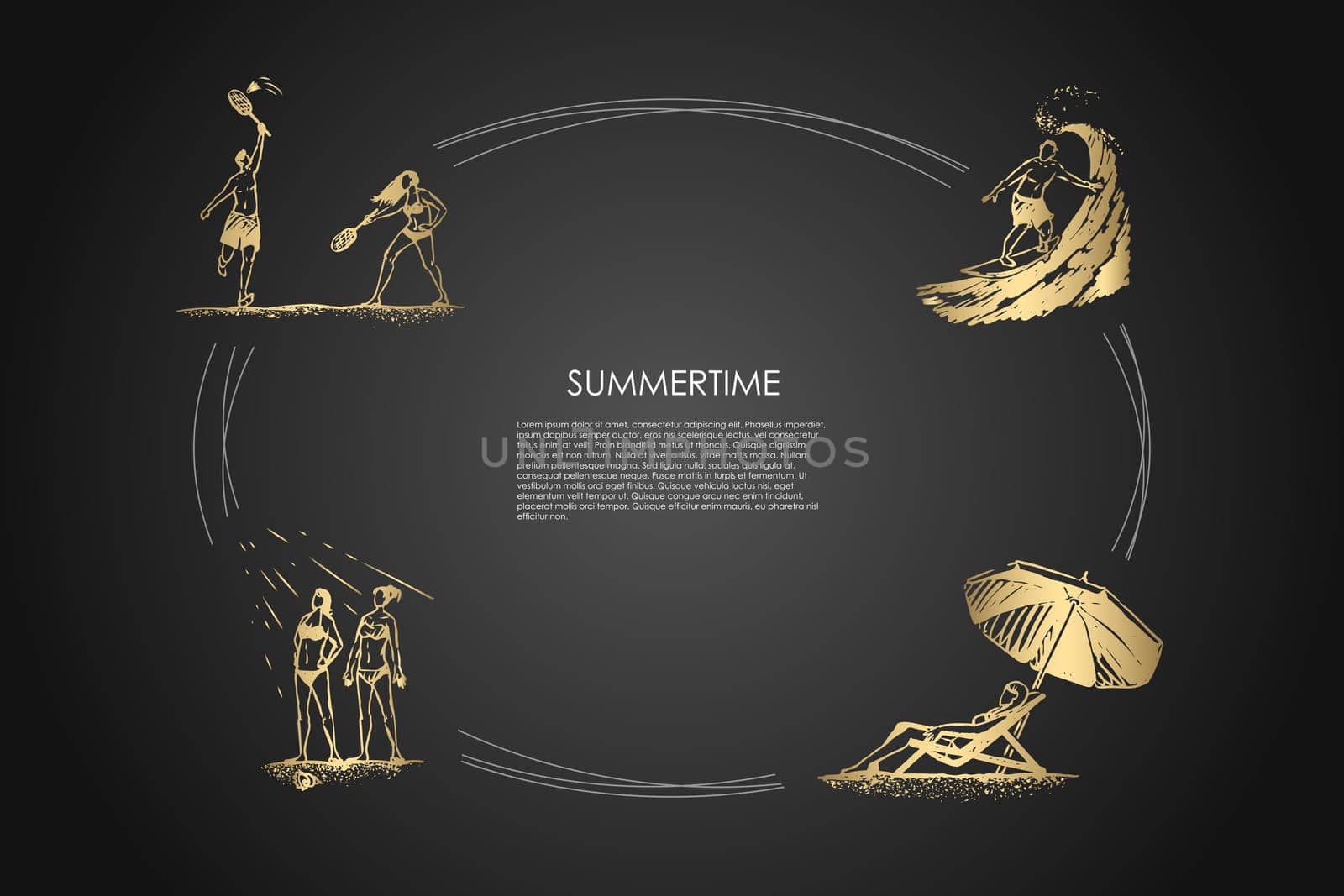 Walk in the park - people playing badminton, riding surf, sunbathing and relaxing vector concept set. Hand drawn sketch isolated illustration