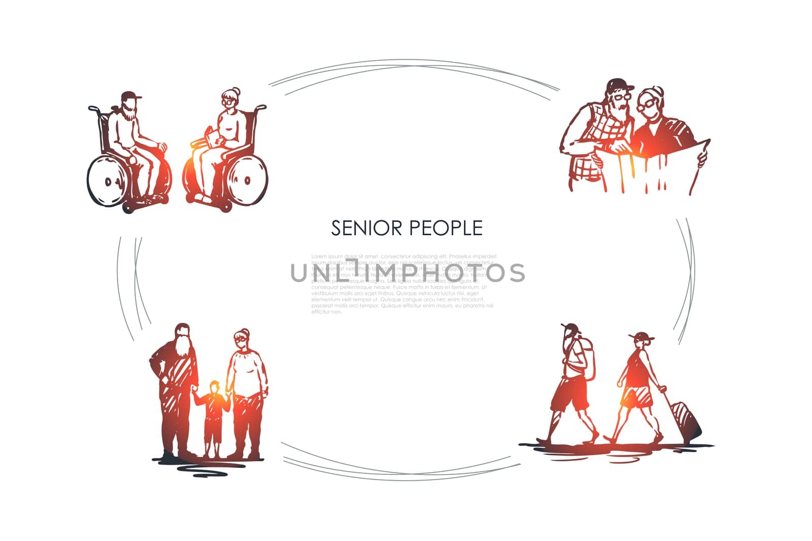 Senior people - old couples sitting on wheelchairs, reading newspaper, travelling and walking with grandchildren vector concept set. Hand drawn sketch isolated illustration