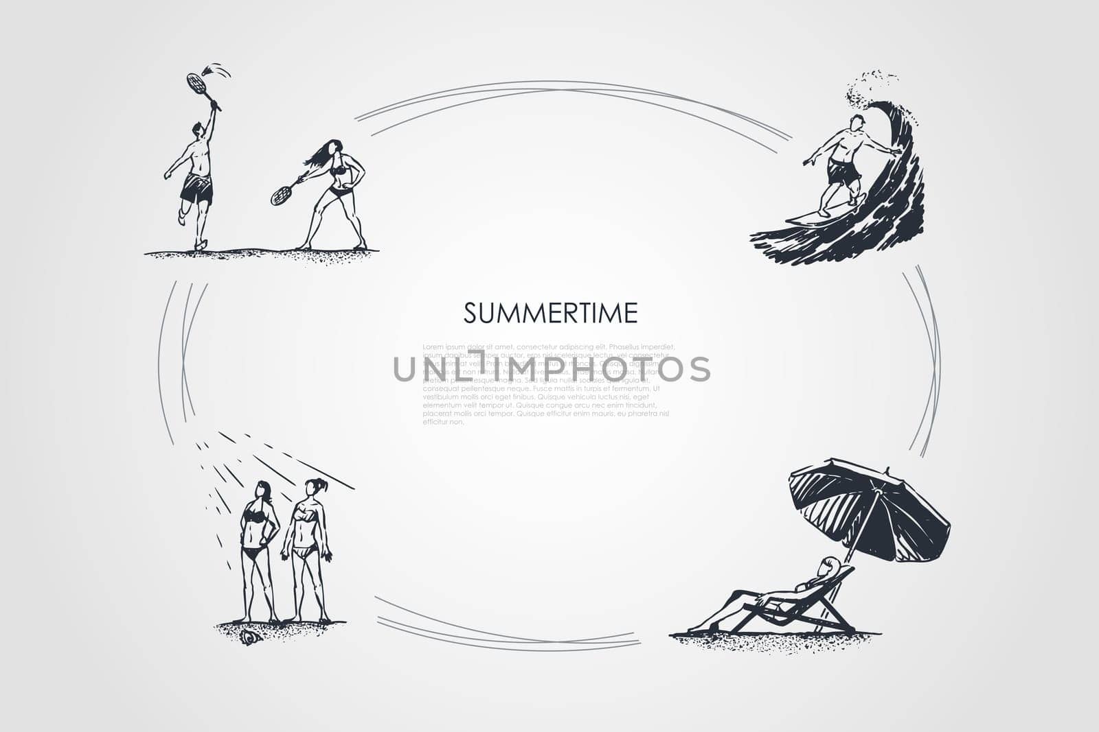 Walk in the park - people playing badminton, riding surf, sunbathing and relaxing vector concept set. Hand drawn sketch isolated illustration