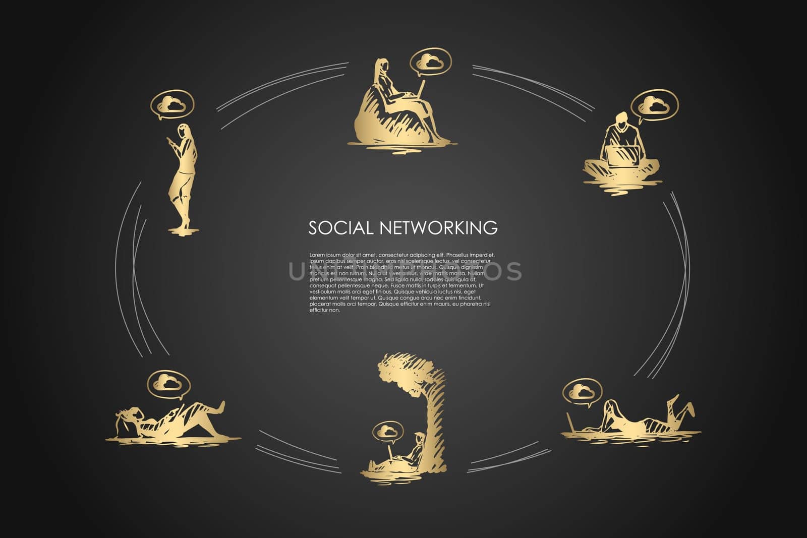 Social networking - people working on laptops and using smartphones vector concept set. Hand drawn sketch isolated illustration
