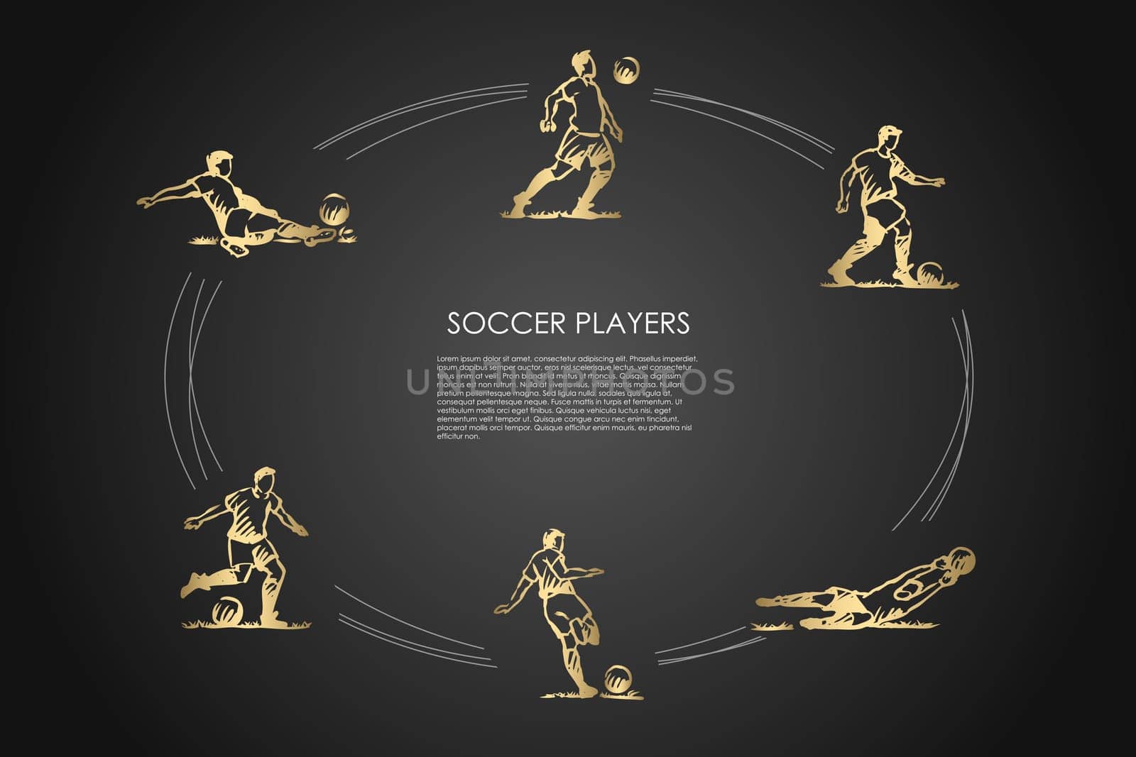 Soccer players - male sportsmen in traditional clothing in different poses with soccer ball vector concept set. Hand drawn sketch isolated illustration