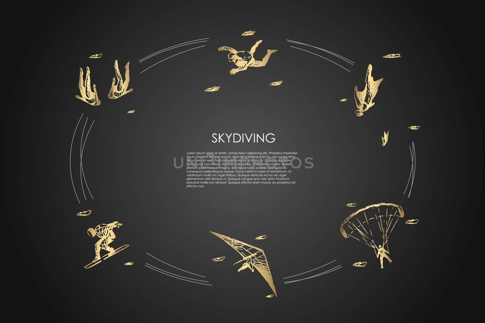 Skydiving - people in air jumping with parachute and skydiving vector concept set. Hand drawn sketch isolated illustration