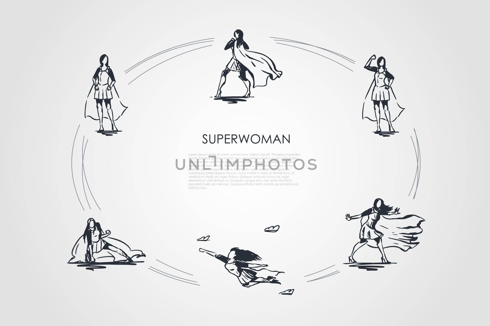 Superwoman - woman in superman costume and on high heels flying, struggling and showing her power vector concept set. Hand drawn sketch isolated illustration