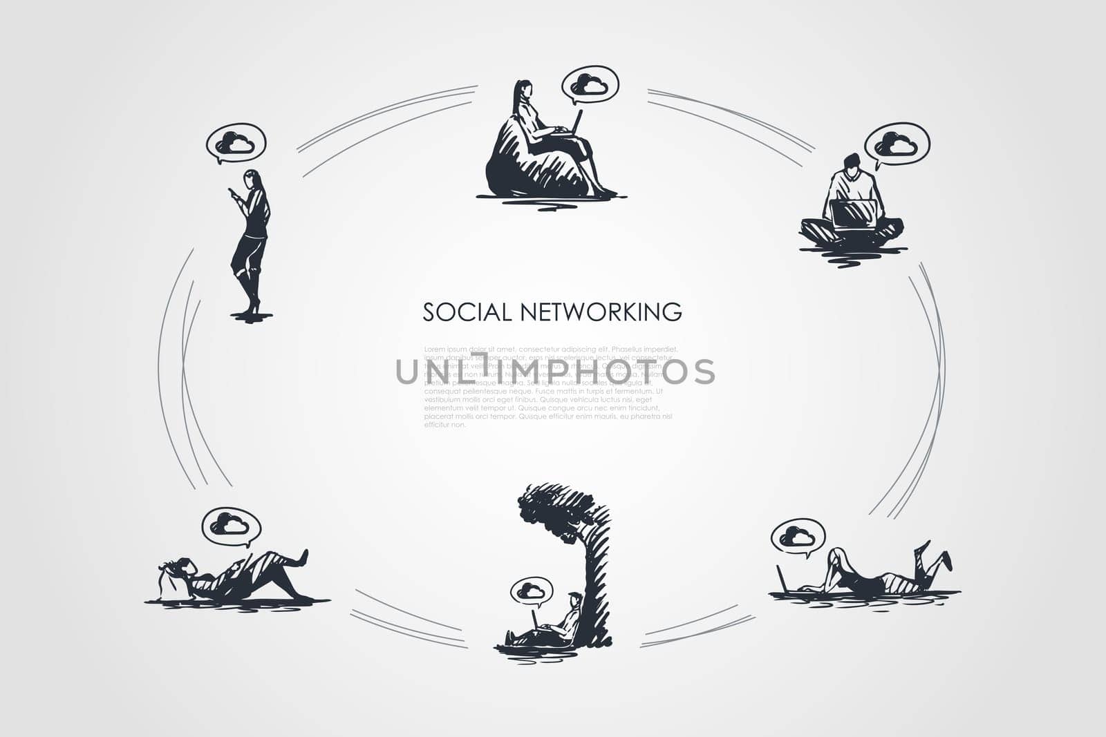 Social networking - people working on laptops and using smartphones vector concept set. Hand drawn sketch isolated illustration