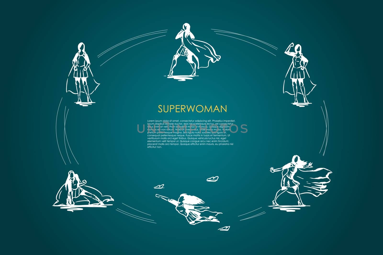Superwoman - woman in superman costume and on high heels flying, struggling and showing her power vector concept set. Hand drawn sketch isolated illustration
