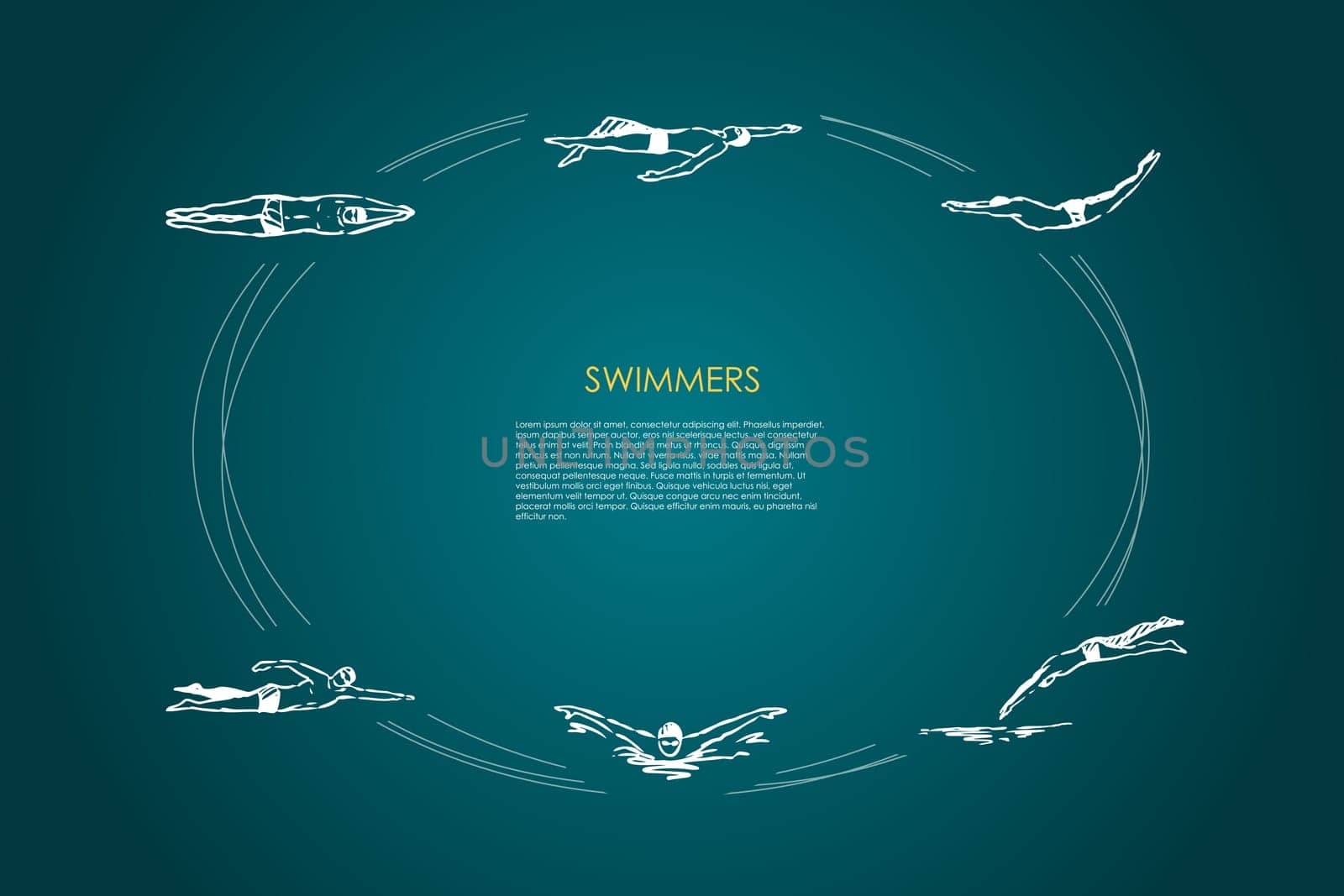 Swimmers - male sportsmen swimming in traditional cap in different poses vector concept set. Hand drawn sketch isolated illustration