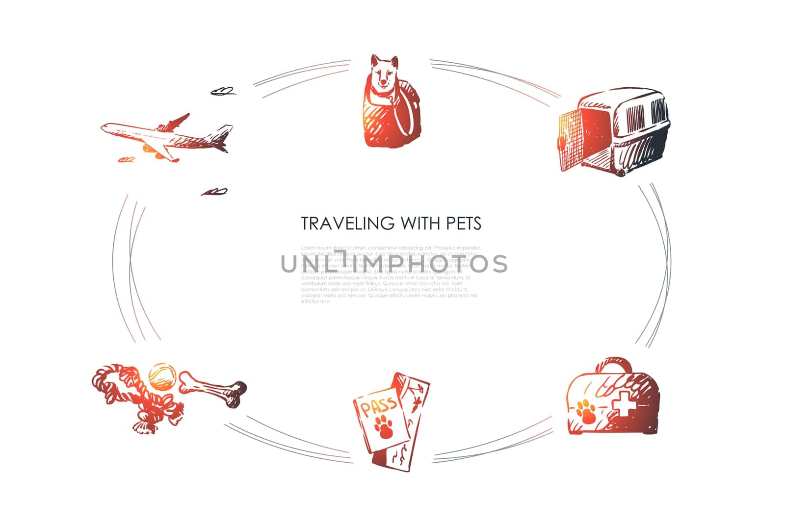 Traveling with pets - dog in bag, carrier, veterinary kit, pets ticket and toys vector concept set. Hand drawn sketch isolated illustration