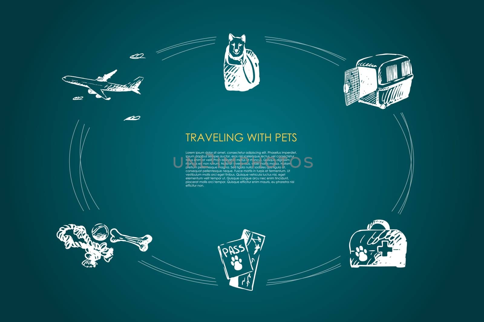 Traveling with pets - dog in bag, carrier, veterinary kit, pets ticket and toys vector concept set. Hand drawn sketch isolated illustration