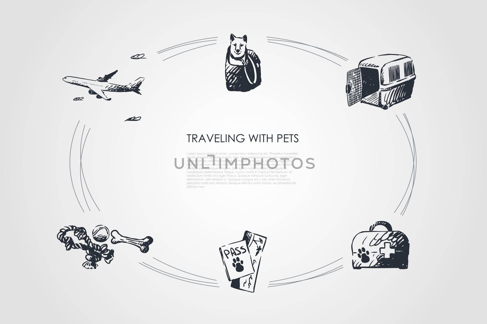Traveling with pets - dog in bag, carrier, veterinary kit, pets ticket and toys vector concept set. Hand drawn sketch isolated illustration