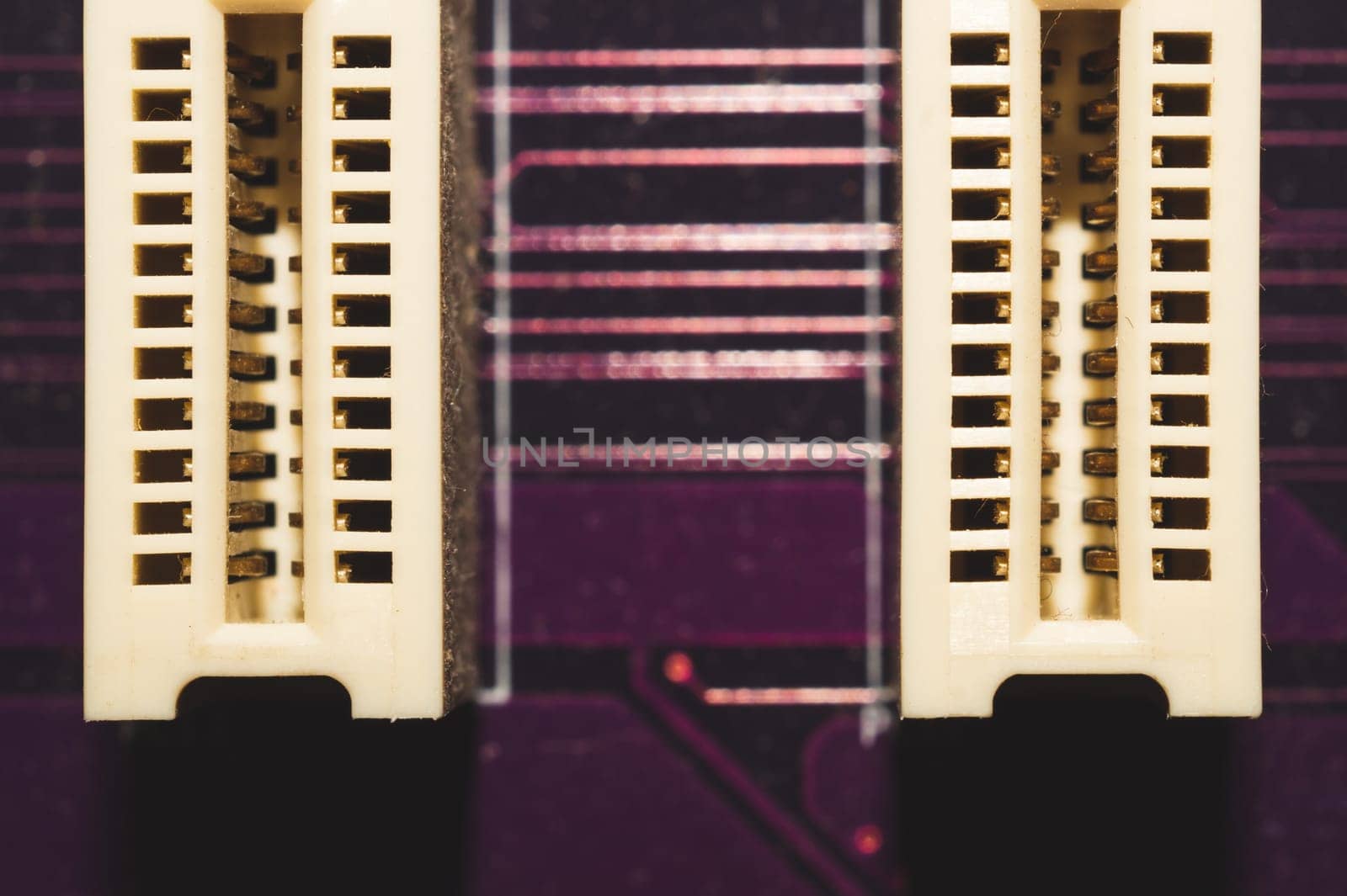 Memory slots on the motherboard close up. ram socket. connector on the circuit board of computer