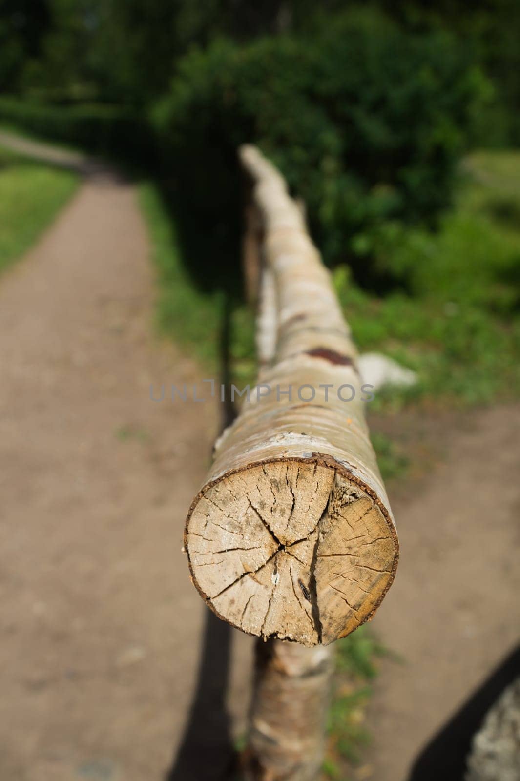 Wooden log fence. handrails from wood. rural scene