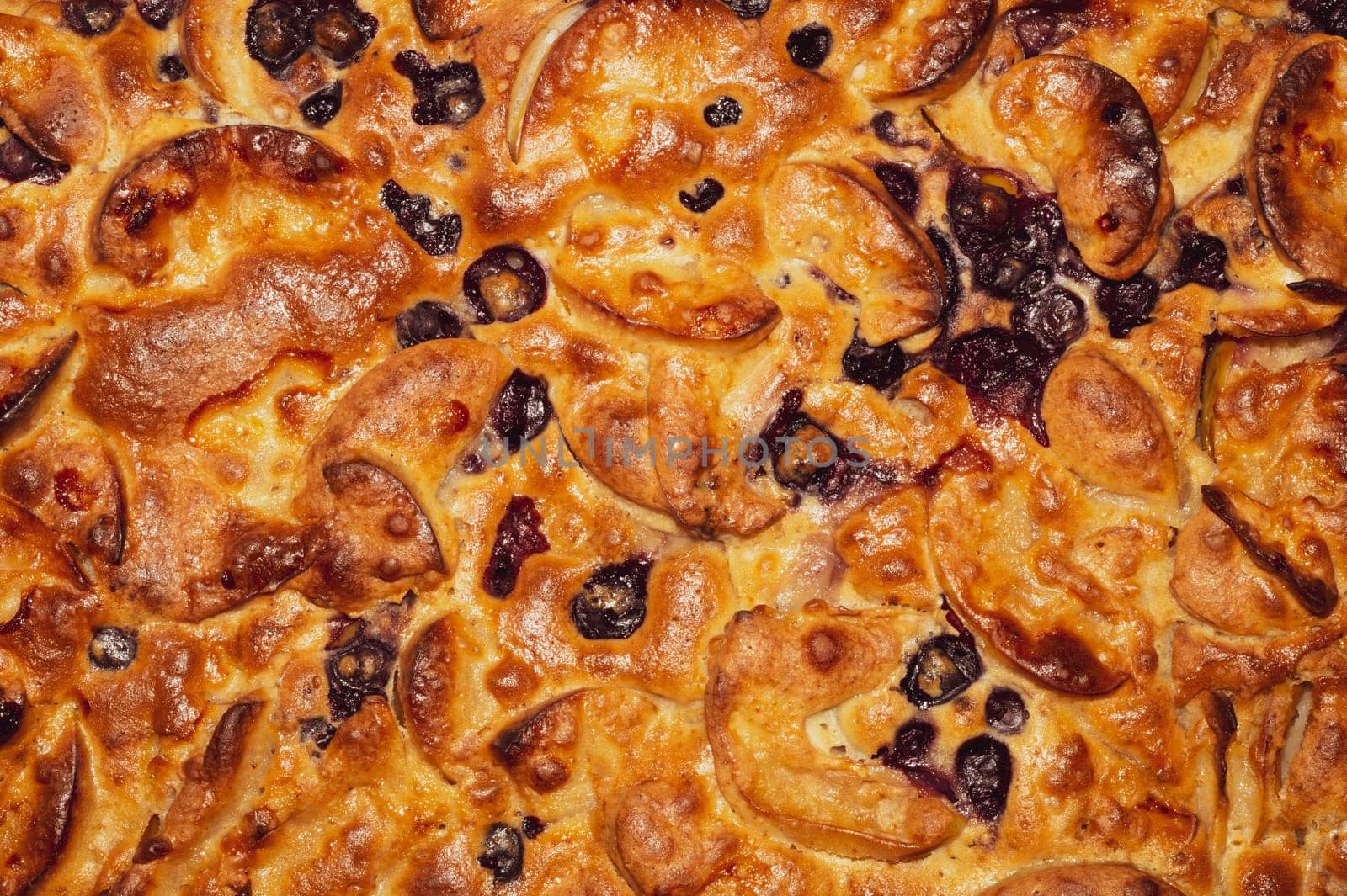 Apple pie close up. charlotte with berries. baking background