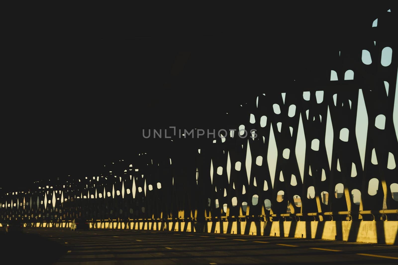 Metal bridge silhouette perspective view. industrial background