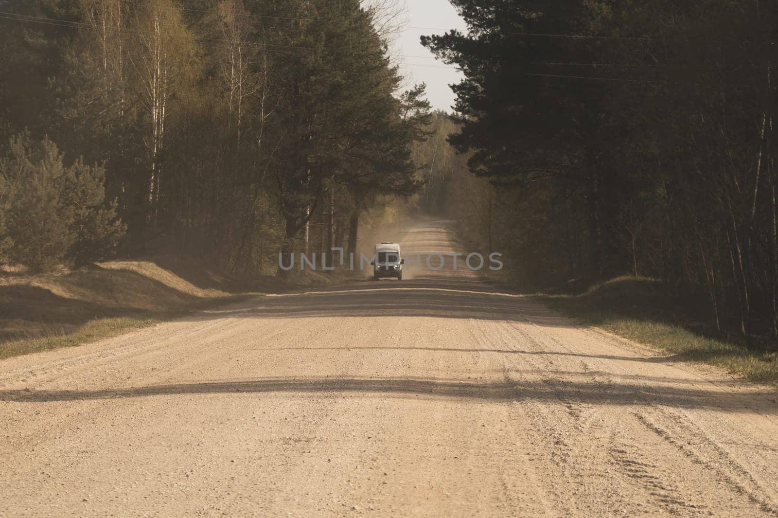 Car moving on the offroad way through the forest