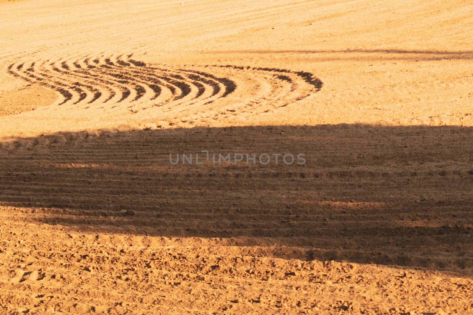 Pattern of curved ridges and furrows on a sandy field. traces on the sand. tractor tracks