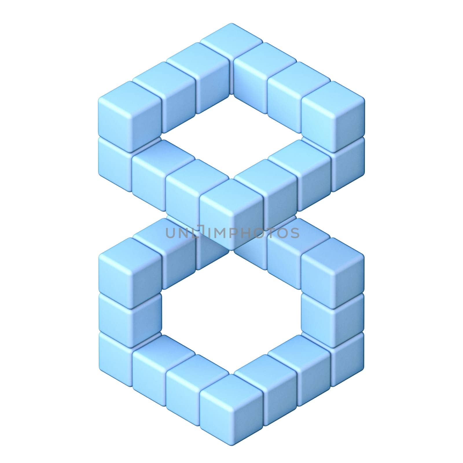 Blue cube orthographic font Number 8 EIGHT 3D render illustration isolated on white background