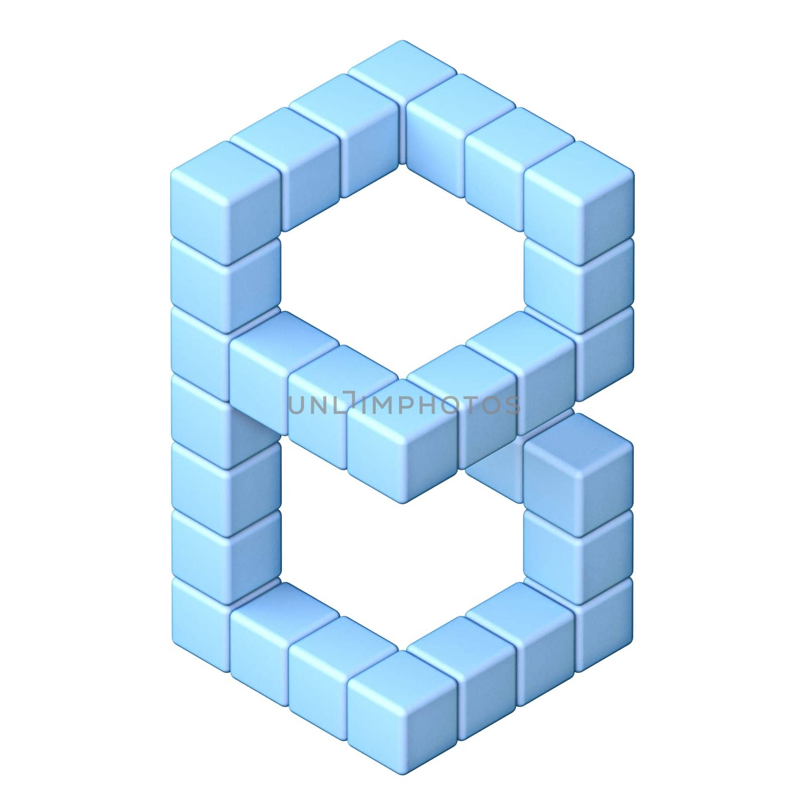 Blue cube orthographic font Letter B 3D render illustration isolated on white background