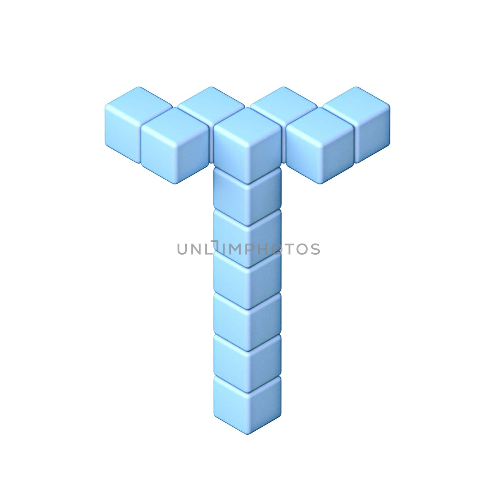 Blue cube orthographic font Letter T 3D render illustration isolated on white background