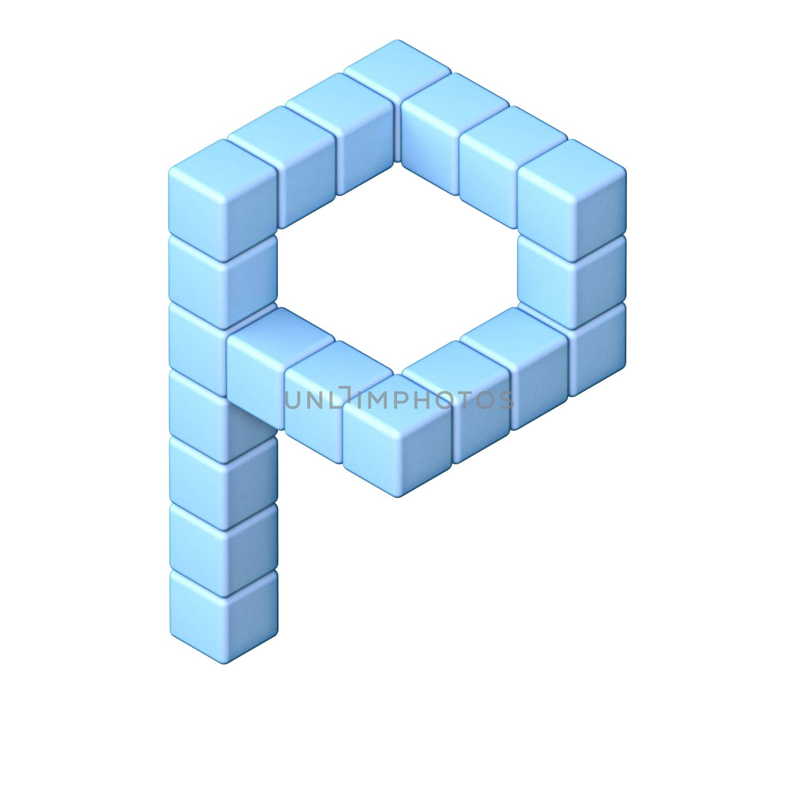 Blue cube orthographic font Letter P 3D render illustration isolated on white background