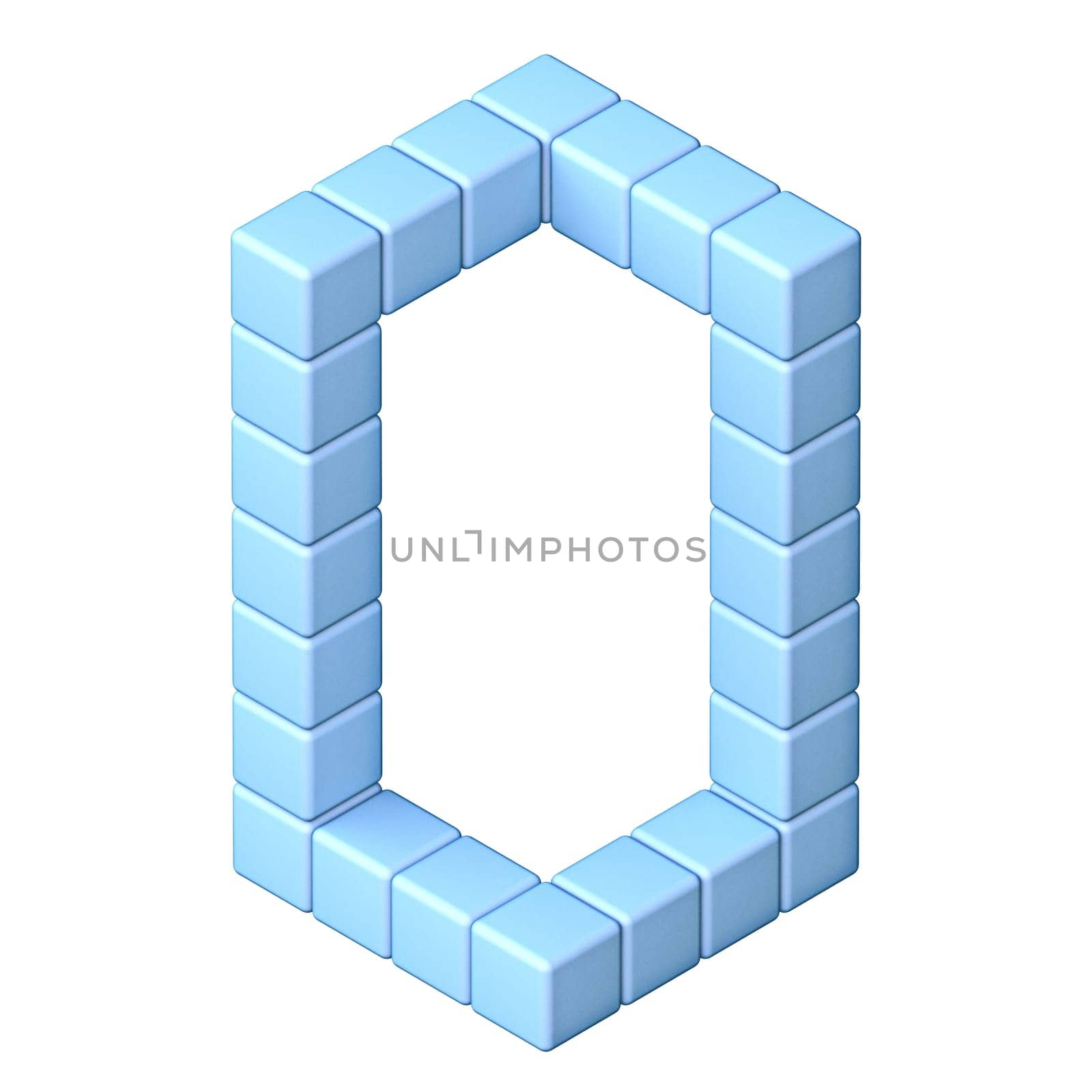 Blue cube orthographic font Letter O 3D render illustration isolated on white background