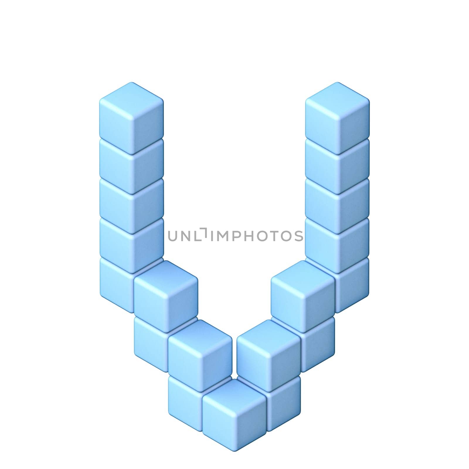 Blue cube orthographic font Letter V 3D render illustration isolated on white background