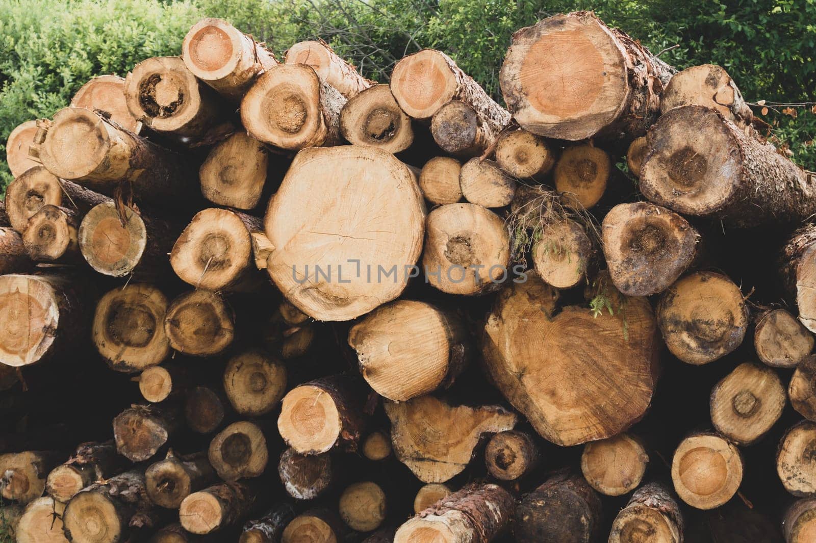 Stack of logs. natural wooden background with timber. log wall. pile of timber
