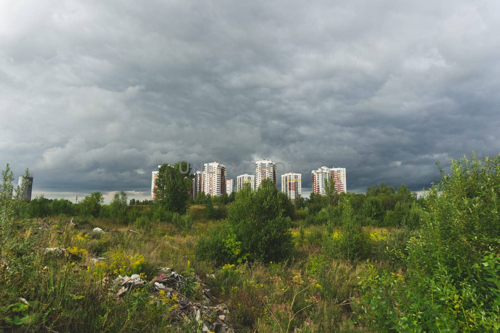 Horizon line with buildings. nature landscape with city into a distance