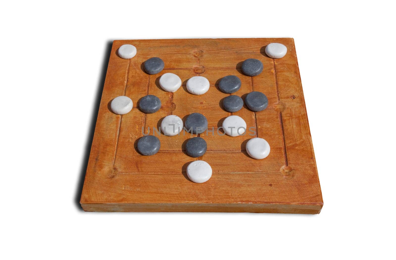 Reconstruction of roman board game Nine mens morris or mill game. Private recreational activity of ancient romans