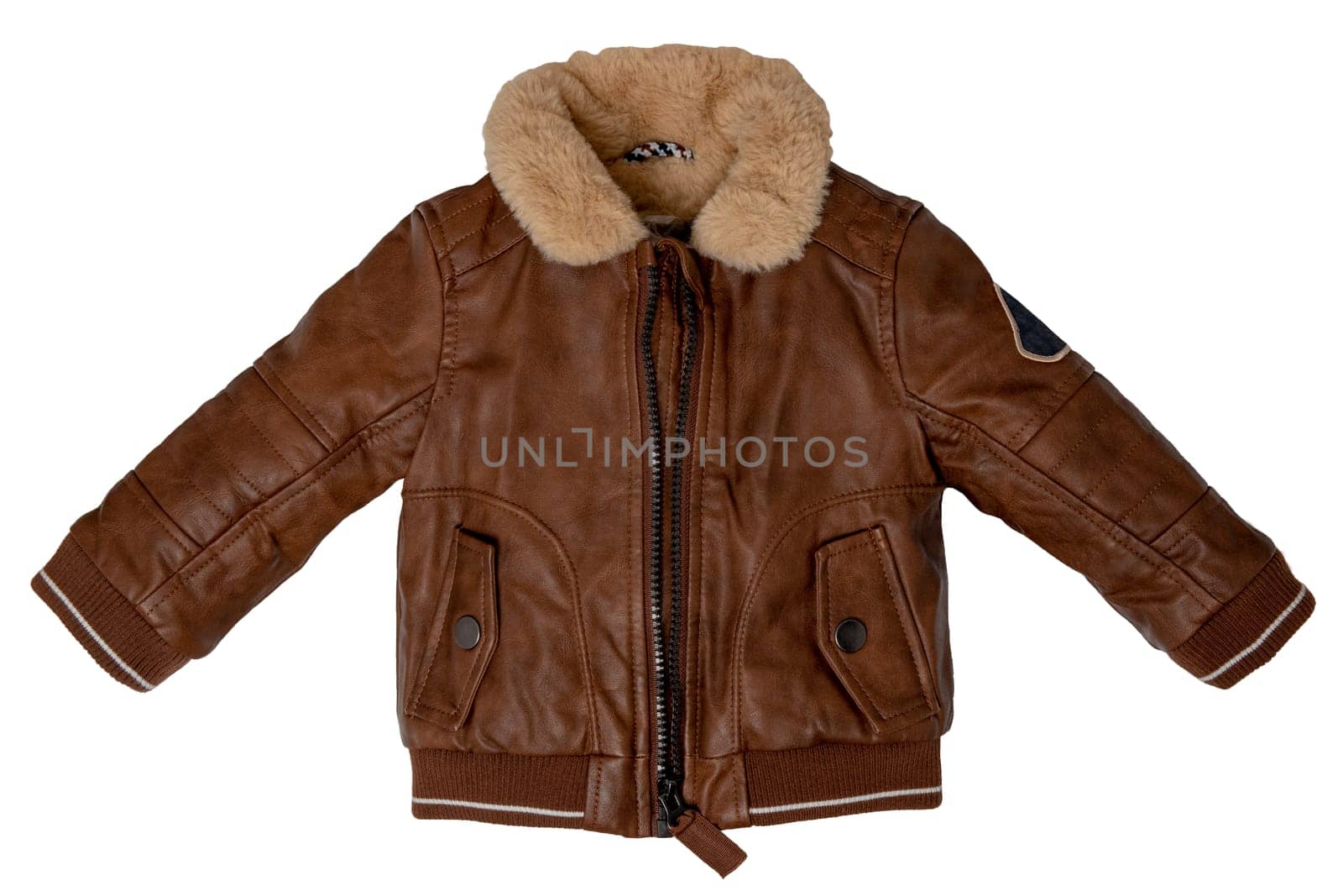 Brown leather jacket isolated. Top view of trendy stylish leather jacket with beige fur for child boy isolated on a white background. Autumn and winter fashion for kids.