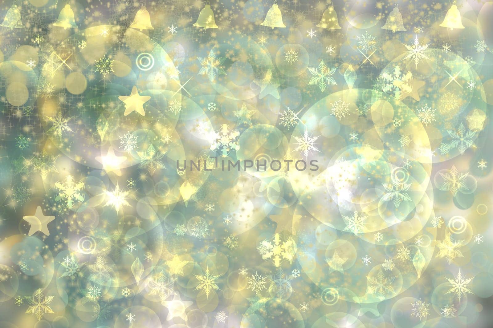 Christmas card template. Abstract festive green yellow pink pastel white winter xmas or New Year background texture with blurred bokeh lights and stars. Beautiful backdrop.