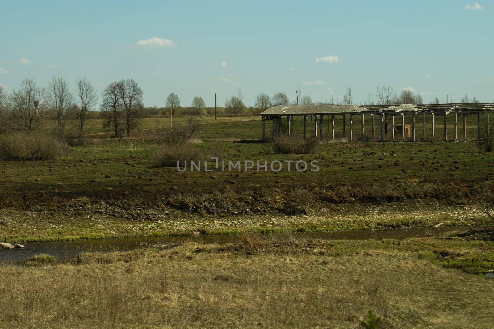 Old abandoned building in the forest. ruined cowshed. rural landscape