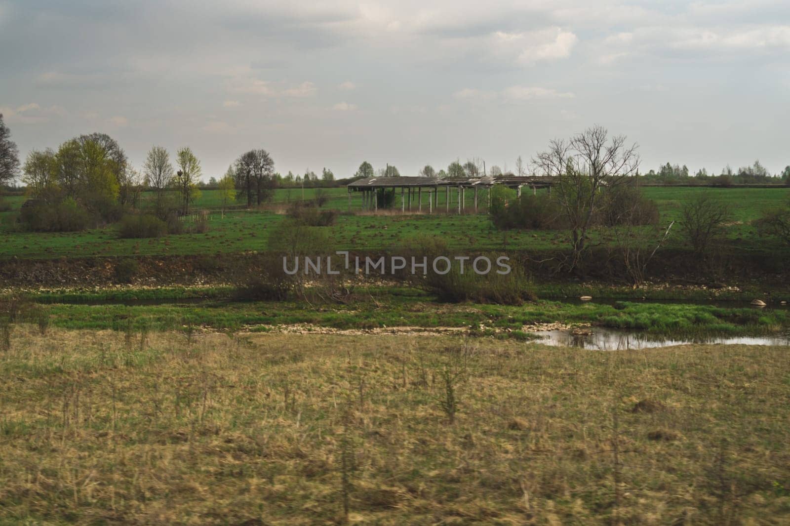 Old abandoned building in the forest. ruined cowshed. rural landscape
