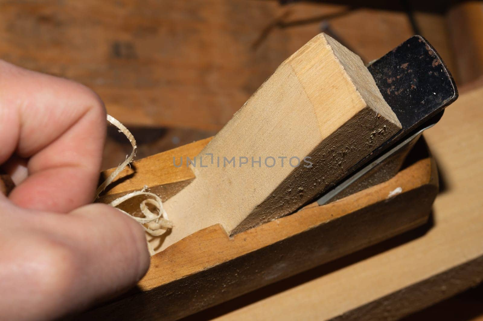 Carpentry plane. jointer close up. woodworking and crafting tools. carpentry hand tools. working instrument
