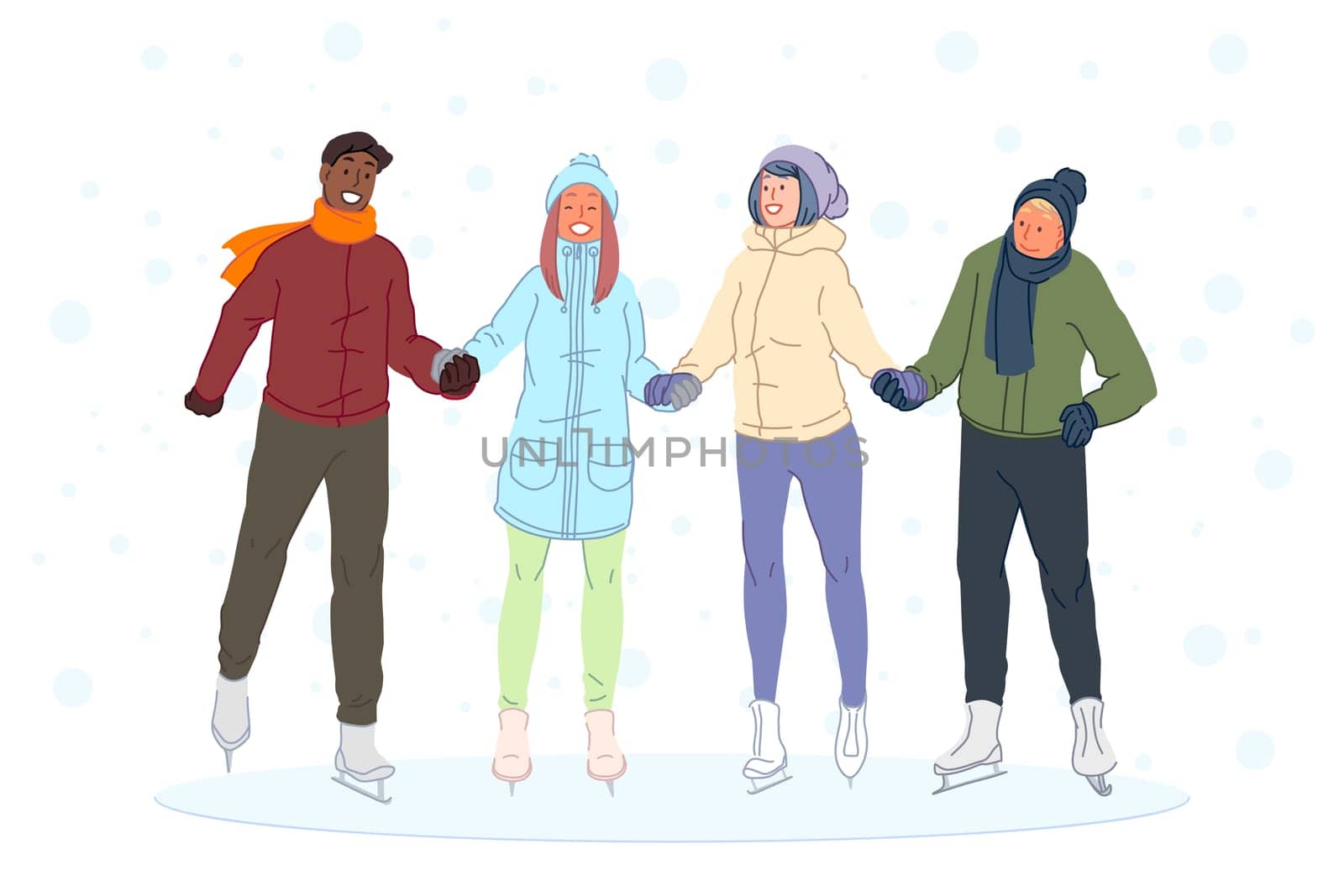 Iceskating with friends boys, girls winter entertainment, friendship concept. Smiling young people, teens on ice rink, man and woman learning to skate together, friendly support. Simple flat vector
