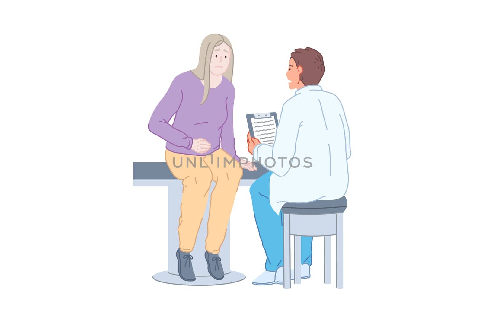 Doctor work, patient examination, medical practice, therapy concept. Medical adviser and sick woman in consulting room, ill human inspection, treatment prescribing. Simple flat vector